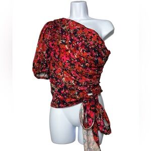 Amanda Uprichard Bexley Floral Print One Shoulder Crop Top Blouse Size Small